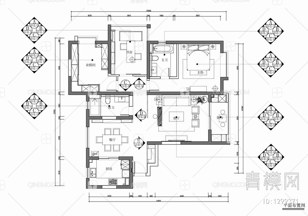 134㎡家装CAD施工图 私宅 平层 三居室 样板房【ID:1299371】