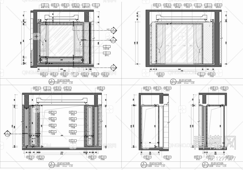 110㎡样板房CAD施工图 家装 平层 三居室 私宅 样板房【ID:1299377】