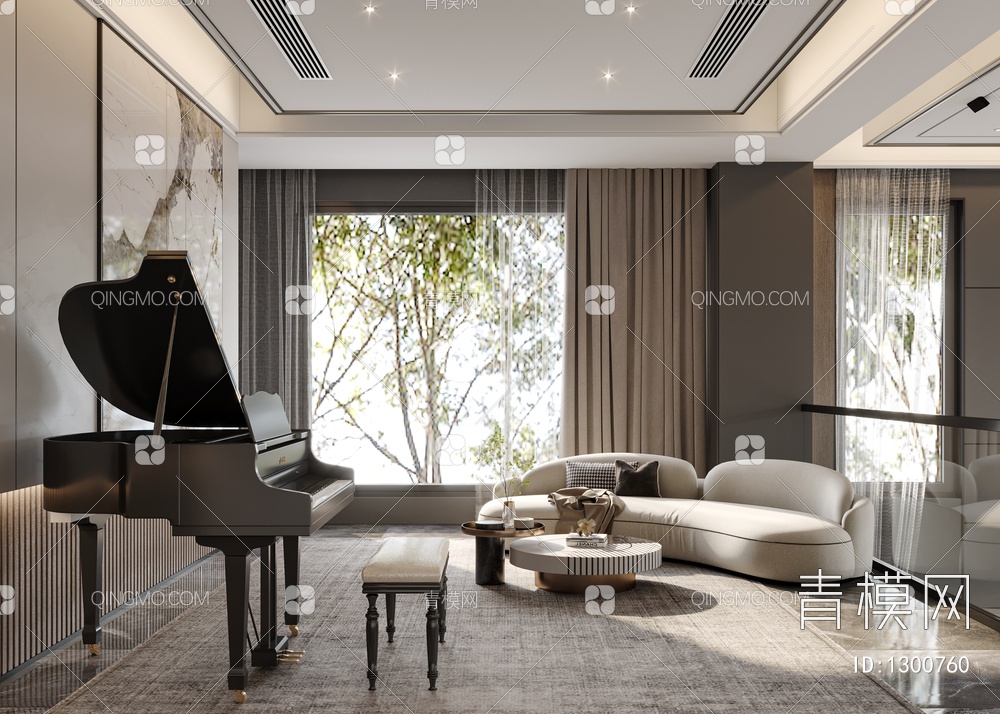 家居钢琴休闲区  沙发茶几  钢琴  装饰小件3D模型下载【ID:1300760】