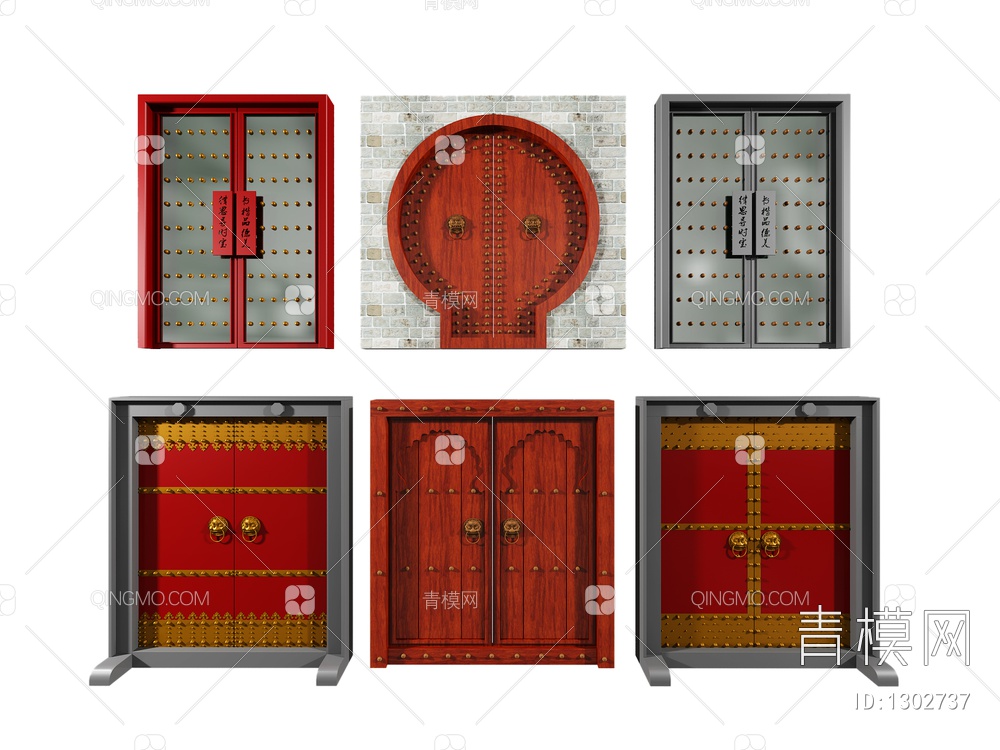 双开大门，庭院门，铜钉门，实木门，玻璃门，拱形门3D模型下载【ID:1302737】