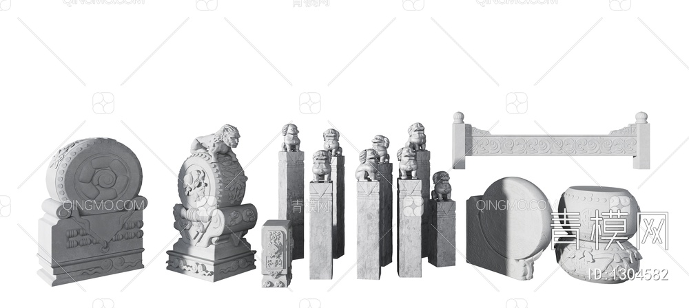 石鼓 石狮雕塑3D模型下载【ID:1304582】