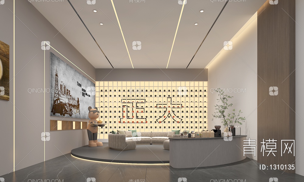 咖啡展厅 咖啡高柜 咖啡展示台 互动触摸一体机 沙发茶几组合 公仔3D模型下载【ID:1310135】