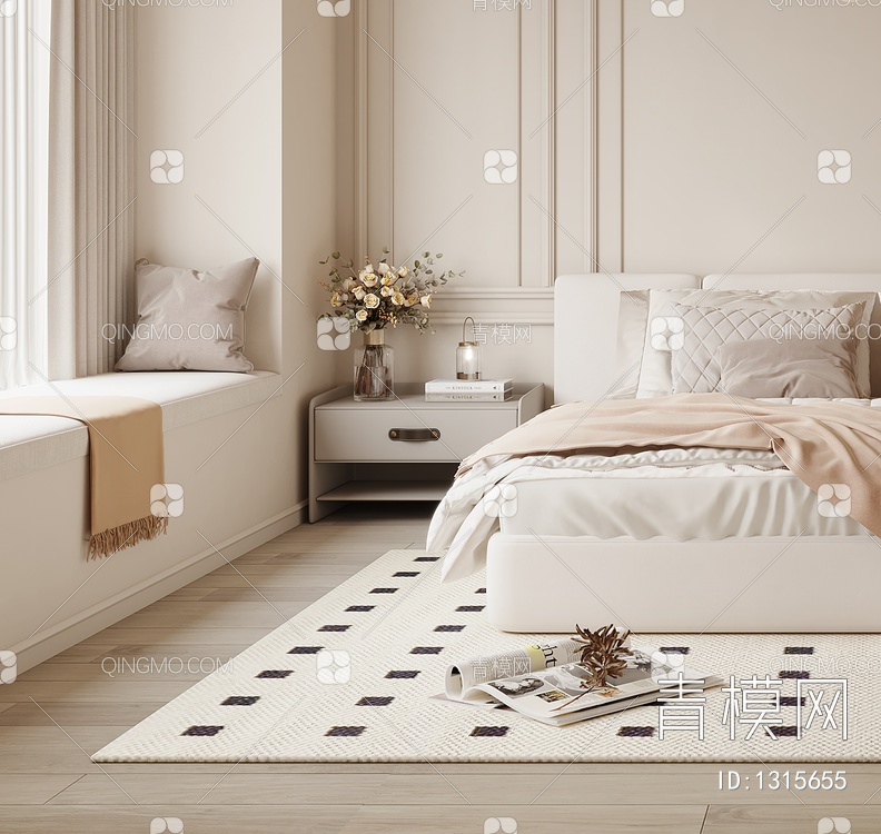 卧室 床 床头柜 饰品 窗帘 地毯 床头背景 衣柜3D模型下载【ID:1315655】