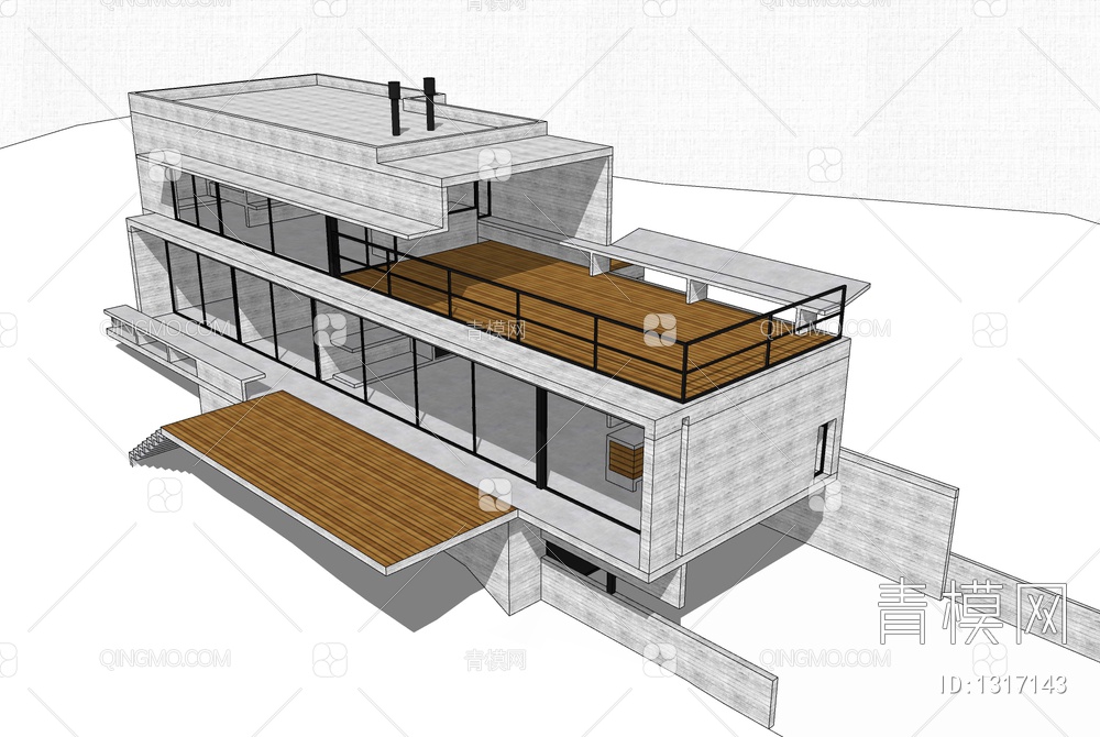 混凝土民宿建筑SU模型下载【ID:1317143】