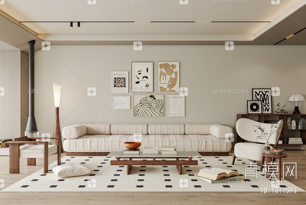 客厅 沙发 单椅 茶几 电视背景墙 窗帘 地毯 书架 饰品3D模型下载【ID:1317593】