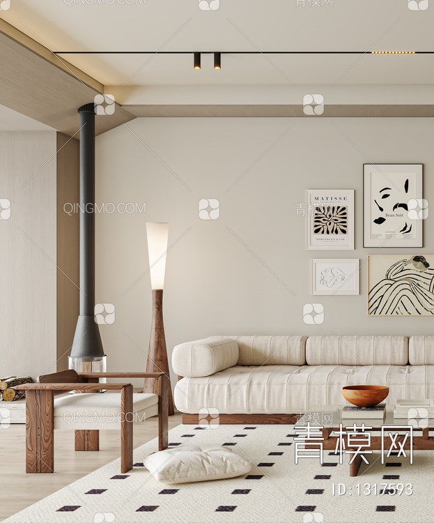 客厅 沙发 单椅 茶几 电视背景墙 窗帘 地毯 书架 饰品3D模型下载【ID:1317593】