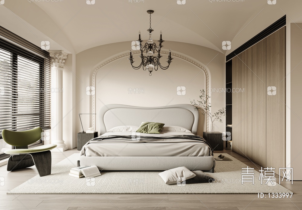 卧室 床 床头柜 饰品 窗帘 地毯 床头背景 衣柜3D模型下载【ID:1333997】