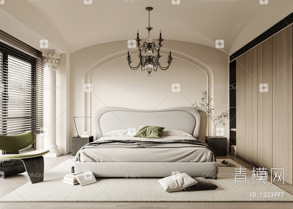 卧室 床 床头柜 饰品 窗帘 地毯 床头背景 衣柜3D模型下载【ID:1333997】