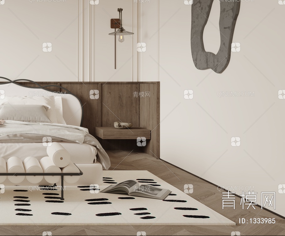 卧室 床 床头柜 饰品 窗帘 地毯 床头背景 衣柜3D模型下载【ID:1333985】