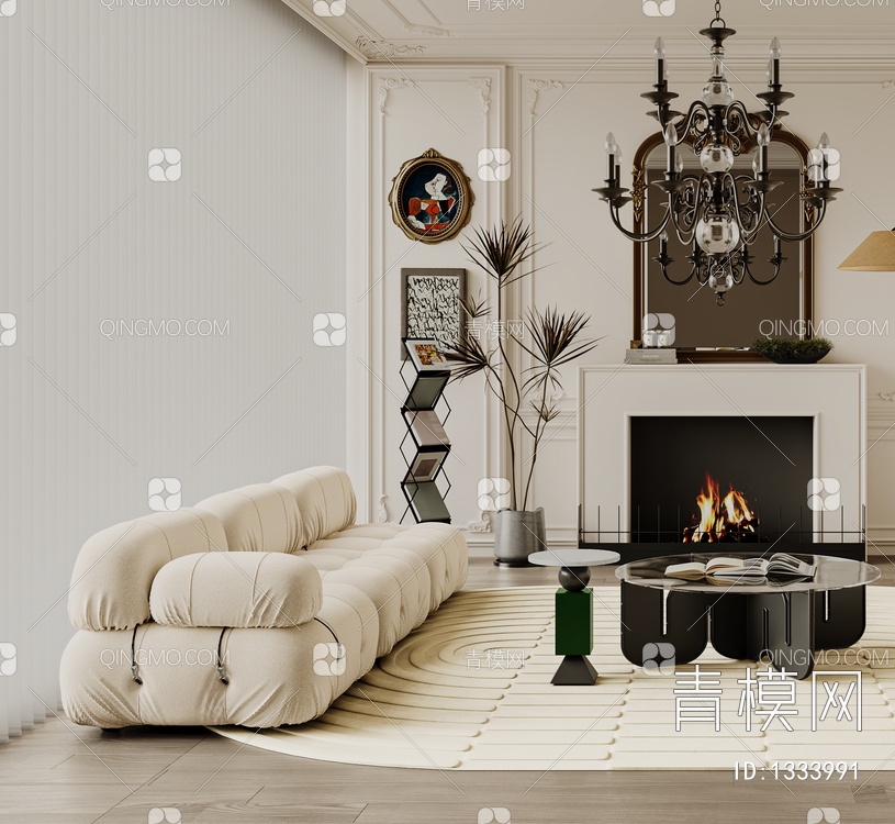 客厅 沙发 单椅 茶几窗帘 地毯 书架 饰品 吊灯雕塑 壁炉3D模型下载【ID:1333991】