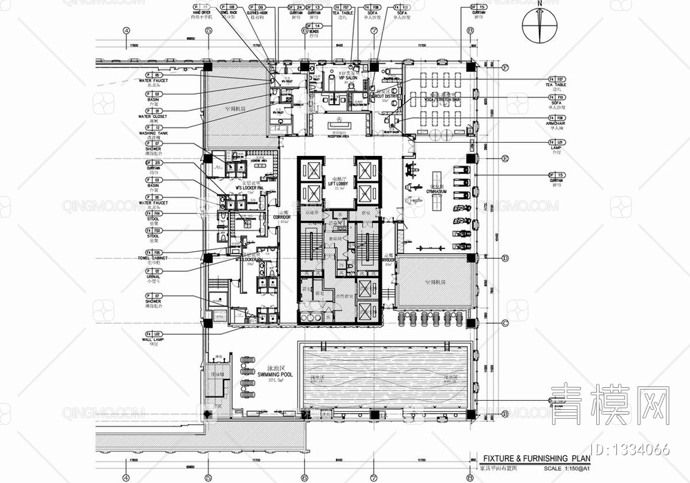 1500㎡游泳池健身SPA康体中心CAD施工图 瑜伽 游泳池 美发 SPA 健身 更衣室【ID:1334066】