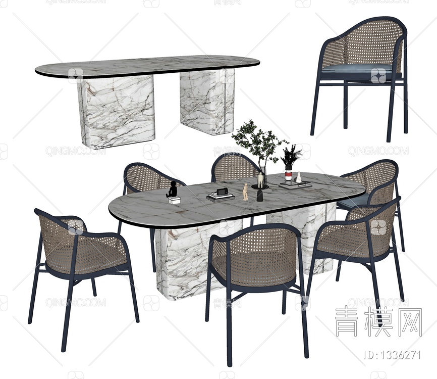 餐桌椅组合，餐桌，餐椅，休闲椅，洽谈桌，书桌，写字桌，书画桌，摆件SU模型下载【ID:1336271】