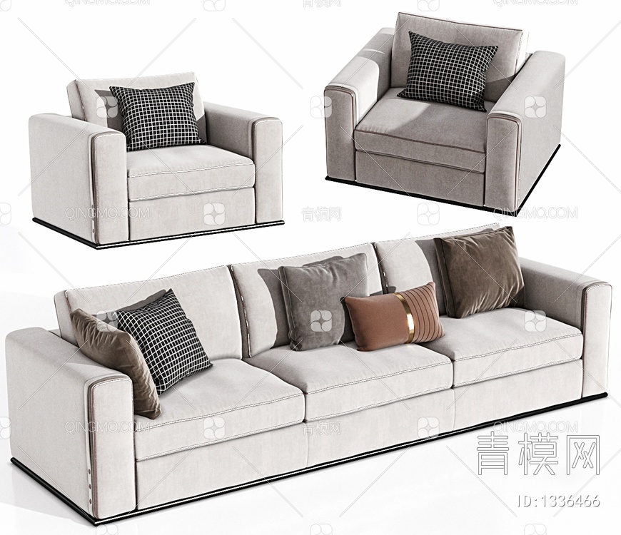 三人沙发，单人沙发3D模型下载【ID:1336466】