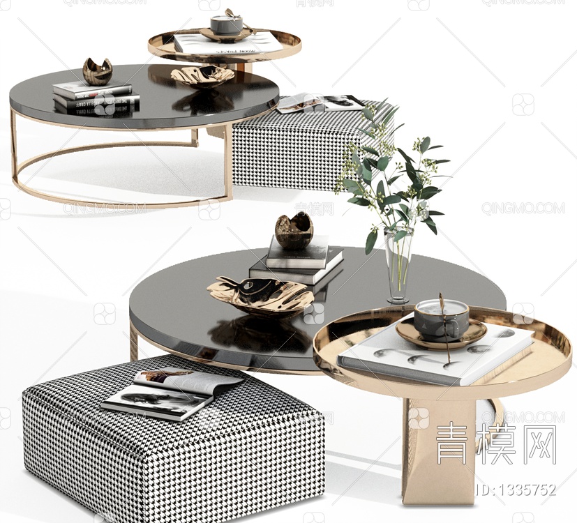 茶几组合，子母茶几，圆形茶几，客厅茶几，摆件，沙发凳，矮凳，咖啡3D模型下载【ID:1335752】