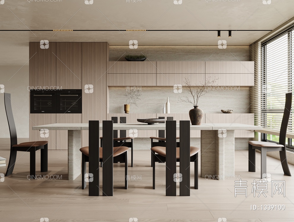餐厅 餐桌 餐椅 饰品 窗帘 地板3D模型下载【ID:1339100】