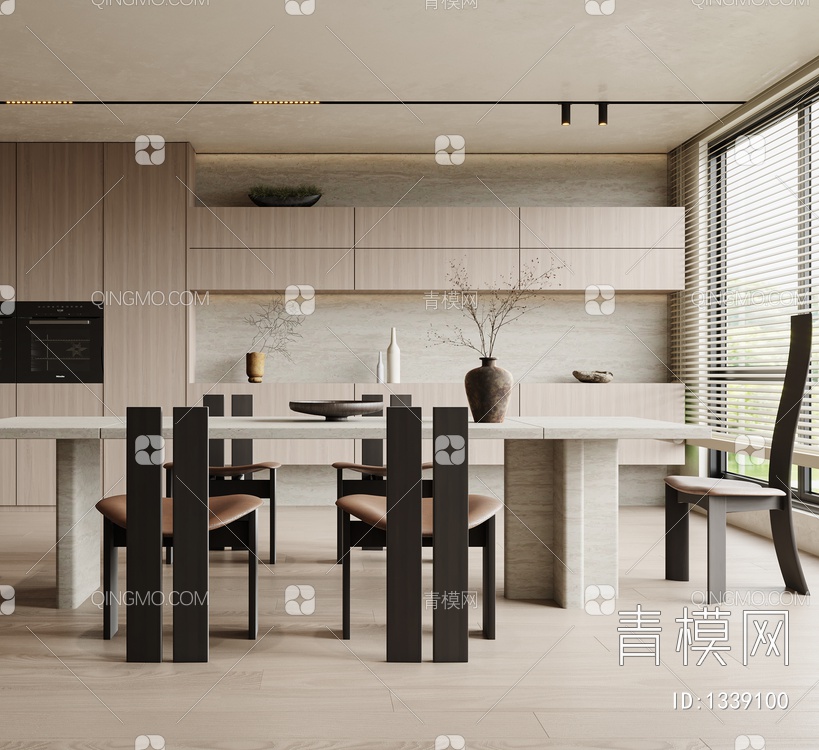 餐厅 餐桌 餐椅 饰品 窗帘 地板3D模型下载【ID:1339100】