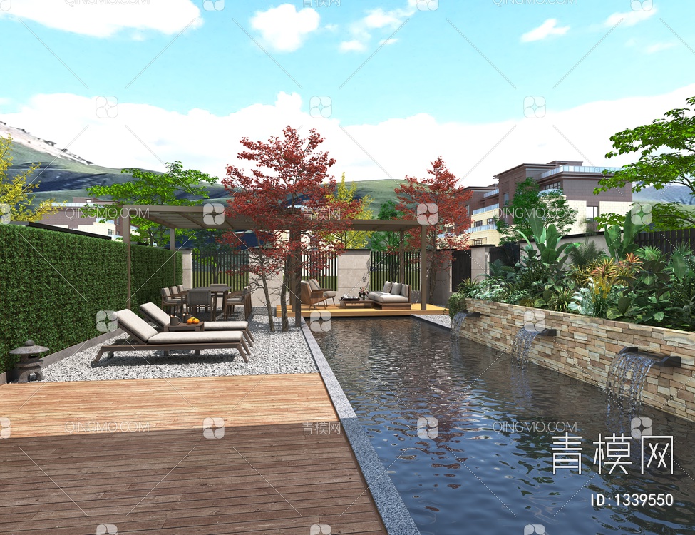 庭院景观，水景，户外桌椅，户外沙发，植物3D模型下载【ID:1339550】