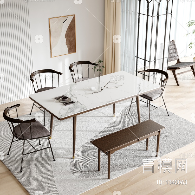 餐桌椅组合 桌子 椅子 饰品 摆件3D模型下载【ID:1340063】