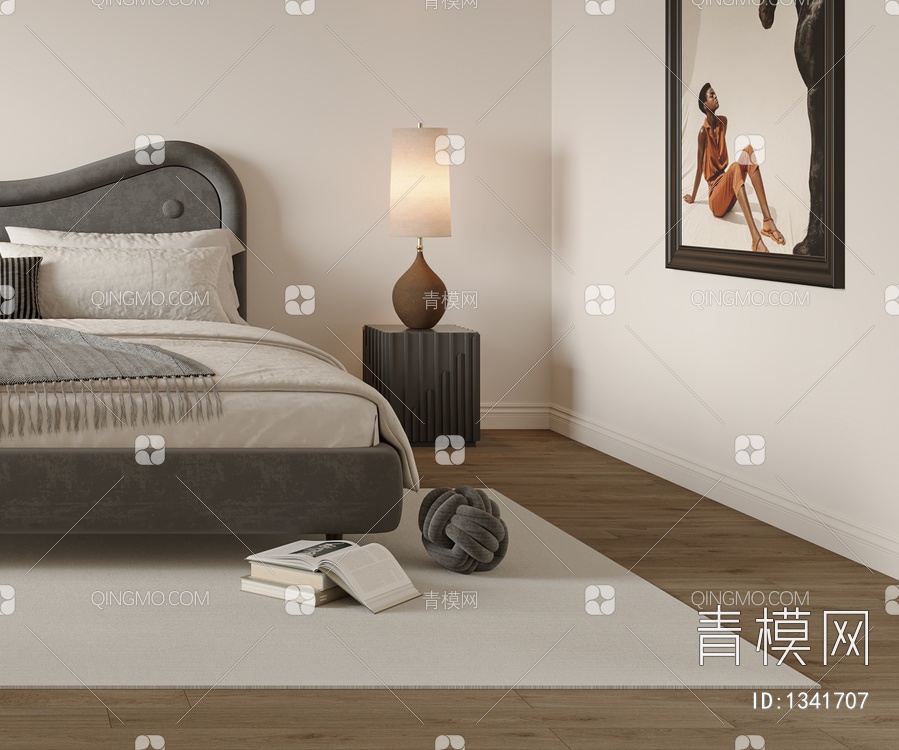 卧室 床 床头柜 饰品 窗帘 地毯 床头背景 衣柜3D模型下载【ID:1341707】