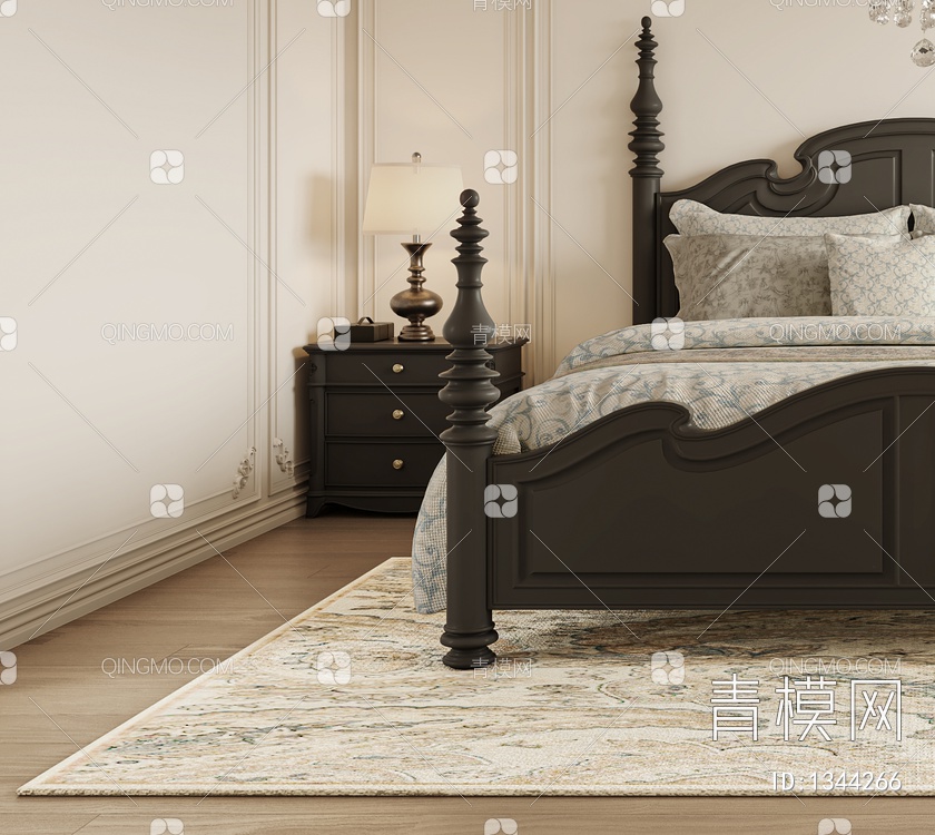 卧室 床 床头柜 饰品 窗帘 地毯 床头背景 衣柜3D模型下载【ID:1344266】