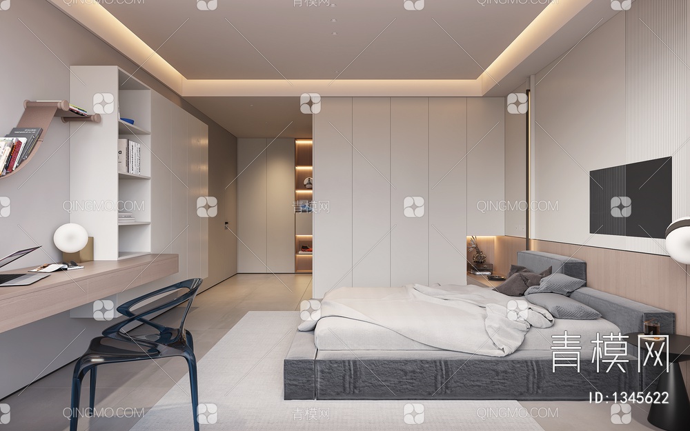 卧室，奶油风卧室，床品组合，悬空书桌组合3D模型下载【ID:1345622】