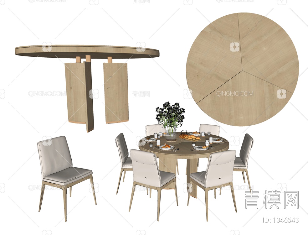 餐桌椅组合，餐桌，餐椅，圆餐桌，圆桌，圆形洽谈桌，书椅，餐桌摆件SU模型下载【ID:1346543】