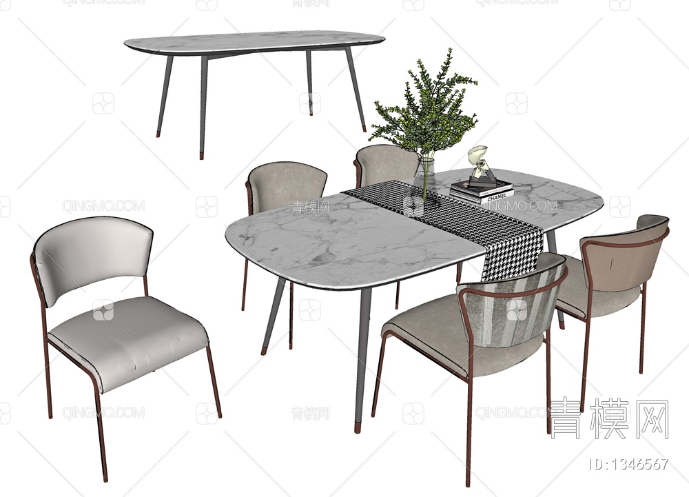 餐桌椅组合，餐桌，餐椅，长餐桌，洽谈桌，书椅，餐桌摆件，书桌，办公桌SU模型下载【ID:1346567】