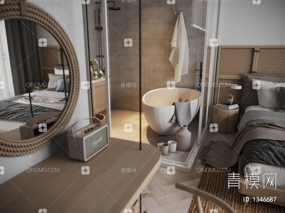卧室，洗手间，洗衣房（卧室+卫浴）3D模型下载【ID:1346687】
