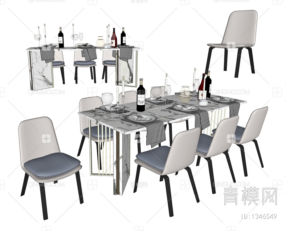餐桌椅组合，餐桌，餐椅，书椅，书桌，写字桌，餐桌摆件，红酒，烛台SU模型下载【ID:1346549】