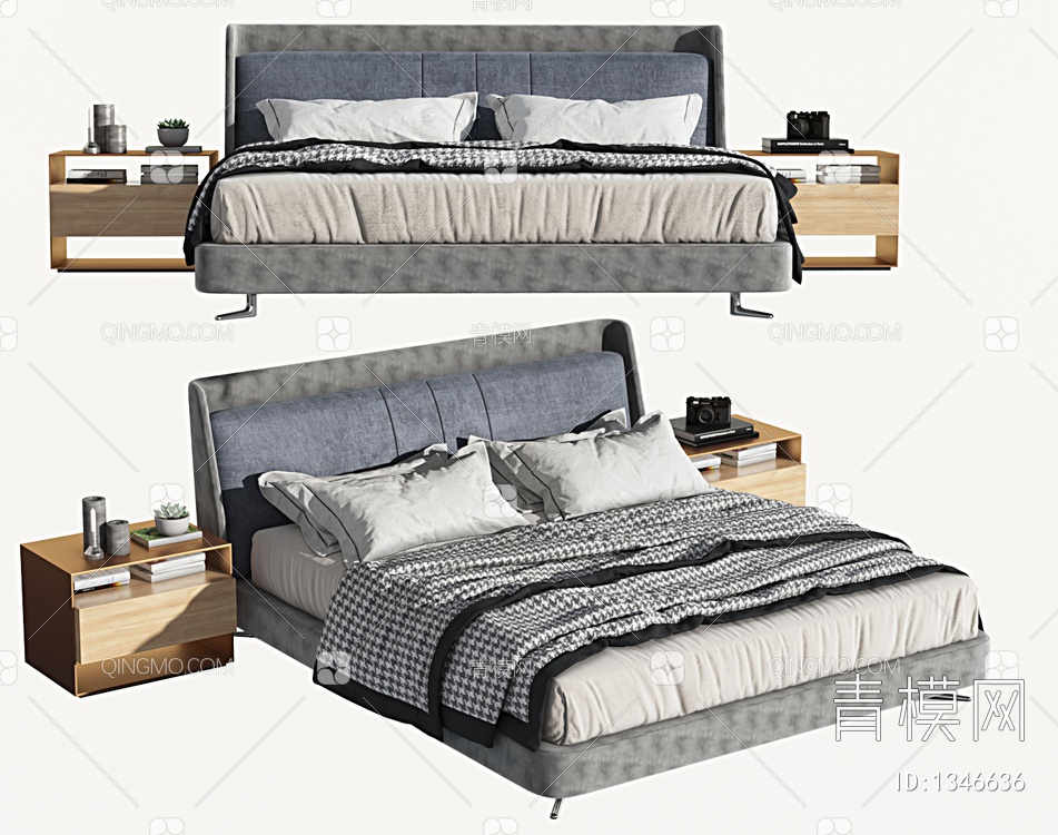 双人床，主卧床，落地床，四角床，床品，摆件，抱枕，毯子，被褥，床头柜3D模型下载【ID:1346636】