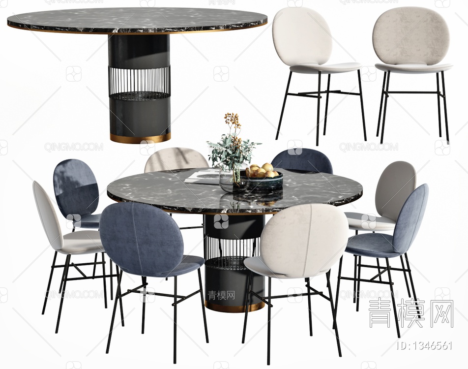 餐桌椅组合，餐桌，圆餐桌，餐椅，休闲椅，洽谈桌，洽谈椅，布椅单椅SU模型下载【ID:1346561】