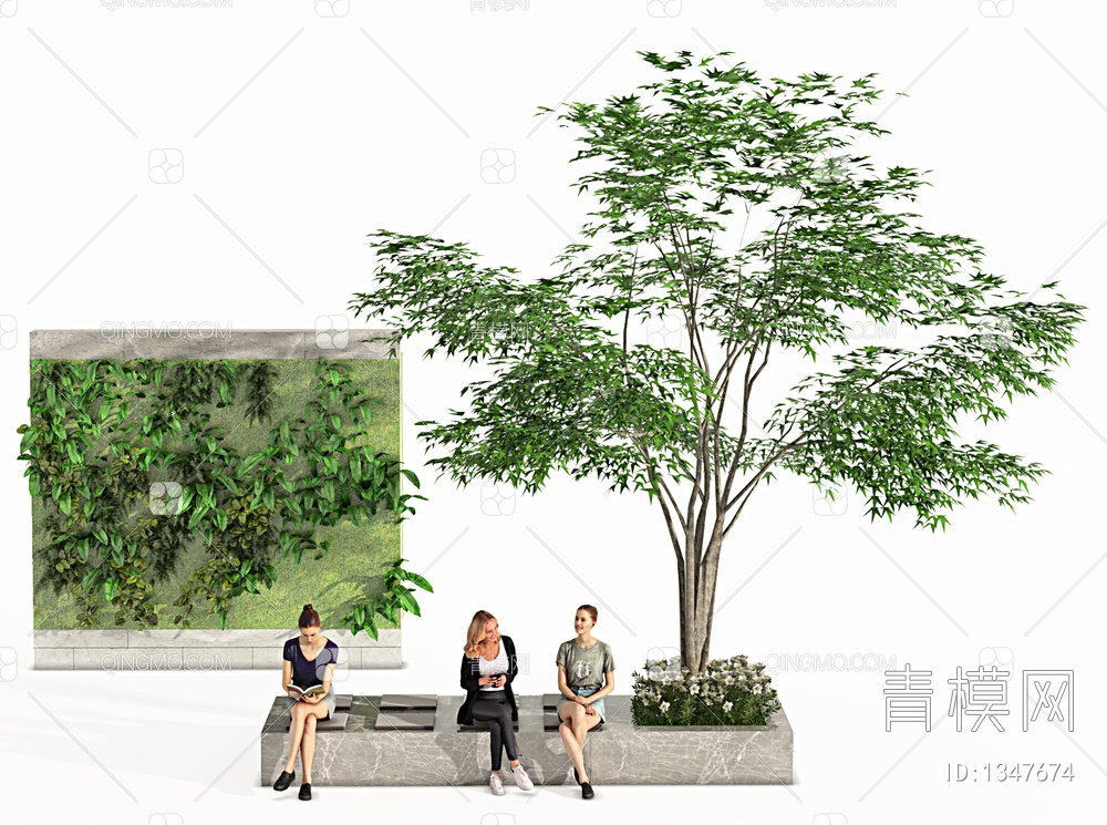 景观树，树池，绿植墙，休闲景观树池，坐着的人物，人物，坐姿人物，树3D模型下载【ID:1347674】
