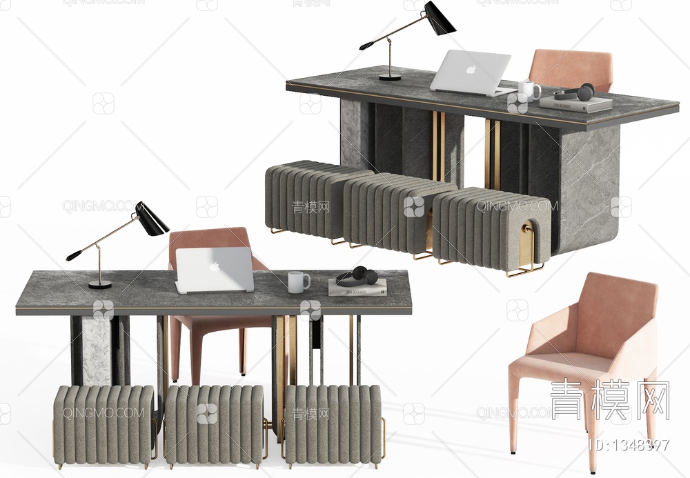 办公桌椅组合，办公桌，办公椅，书桌，书椅，写字桌，写字椅，沙发凳，茶桌椅，茶桌，茶椅，餐桌椅，餐桌，餐椅3D模型下载【ID:1348397】