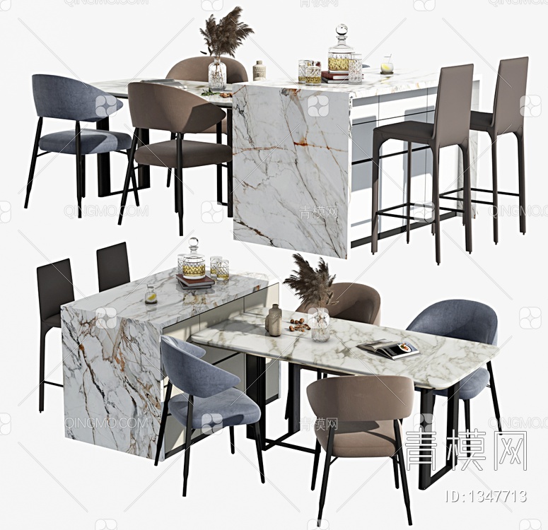 餐桌椅组合，中岛台，中岛，餐桌，餐椅，摆件，中岛餐桌，异形餐桌，布椅3D模型下载【ID:1347713】