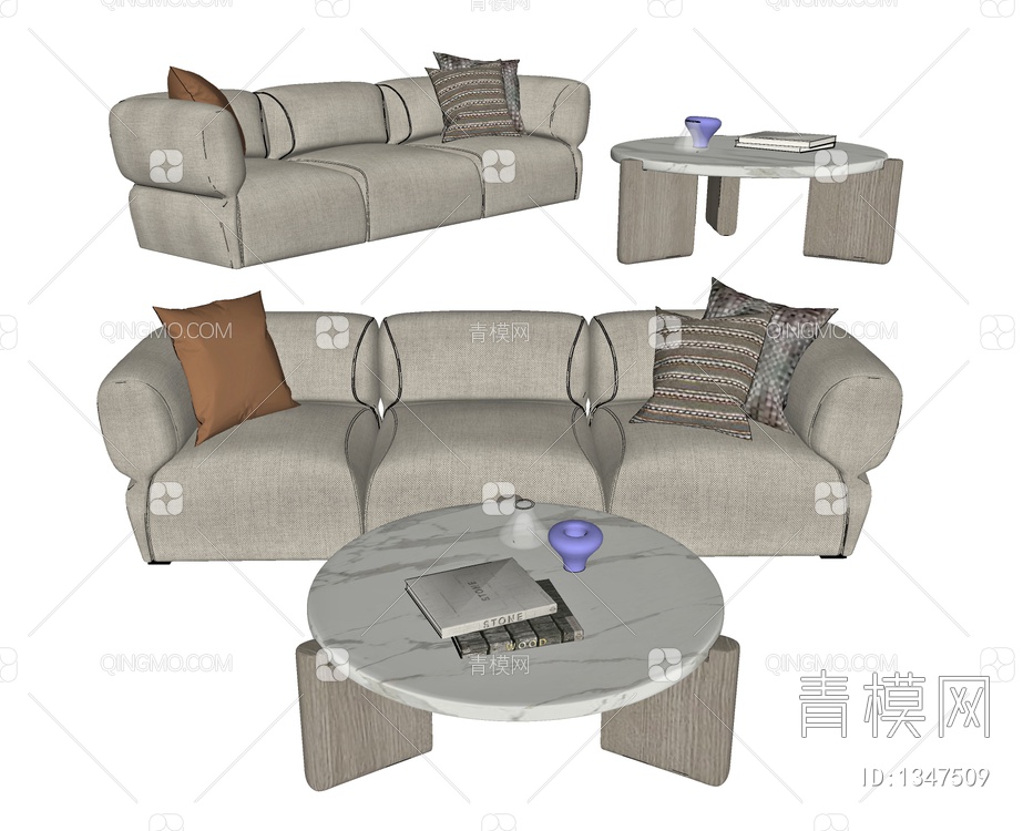三人沙发，多人沙发，异型沙发，单人沙发，茶几，圆几，懒人沙发，摆件SU模型下载【ID:1347509】