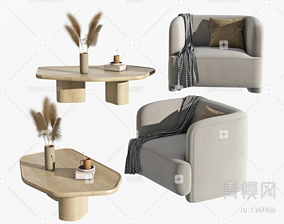 沙发茶几组合，沙发，茶几，木质茶几，边几，单人沙发，休闲椅，沙发3D模型下载【ID:1347488】