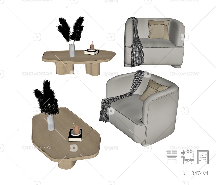 沙发茶几组合，沙发，茶几，木质茶几，边几，单人沙发，休闲椅，沙发SU模型下载【ID:1347491】