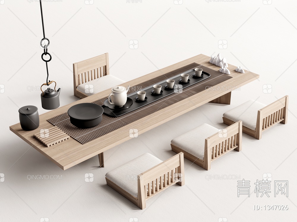 榻榻米茶台 茶桌椅 茶具组合3D模型下载【ID:1347026】