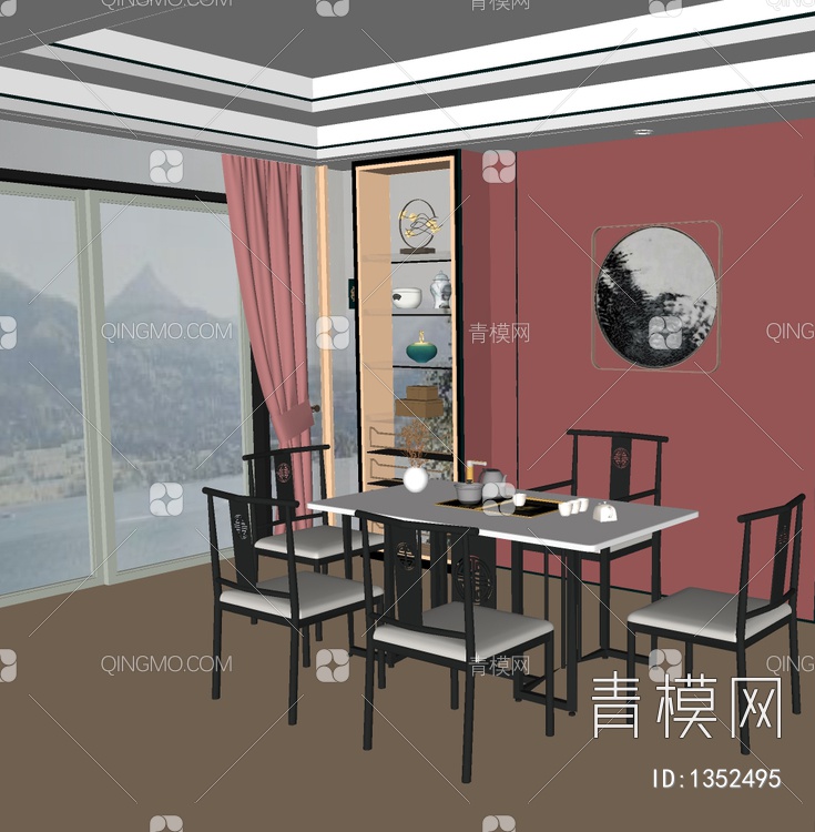 茶室，茶桌椅组合SU模型下载【ID:1352495】