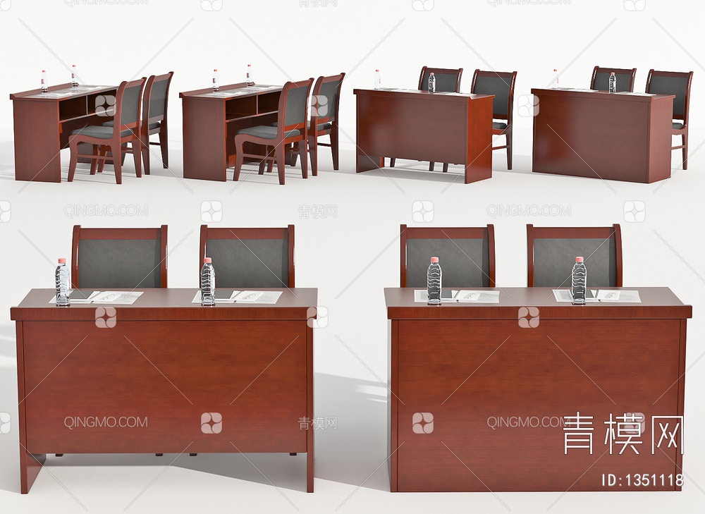 办公桌椅组合，会议桌椅，条桌，实木条桌，培训桌，培训椅，会议椅，摆件3D模型下载【ID:1351118】