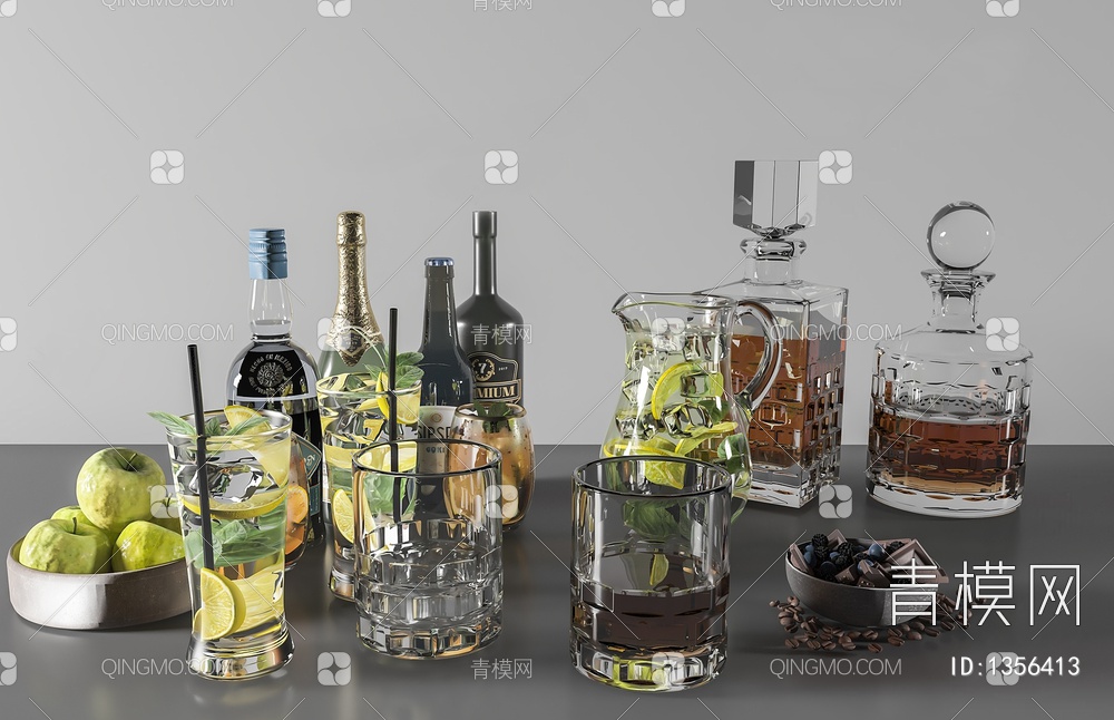 酒瓶 酒杯 饮料 水果3D模型下载【ID:1356413】