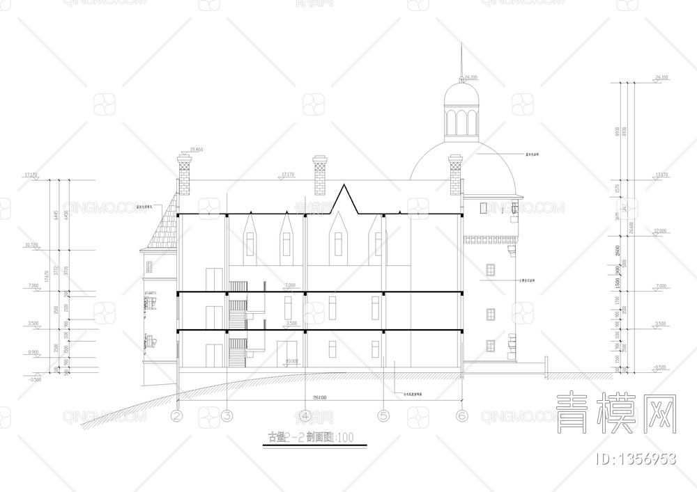 三层坡顶天都城法国古堡建施【ID:1356953】