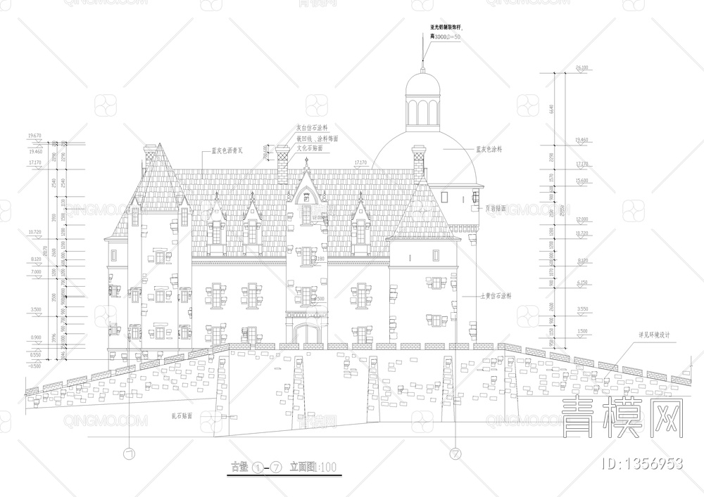 三层坡顶天都城法国古堡建施【ID:1356953】