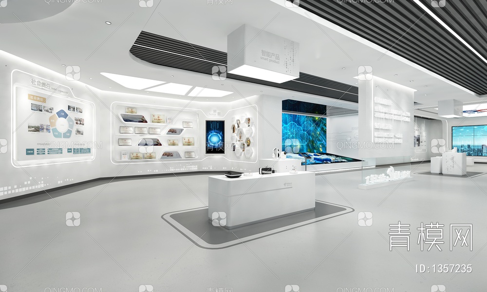 电信企业展厅 LED拼接大屏 触摸一体机 产品展示台  数字沙盘3D模型下载【ID:1357235】