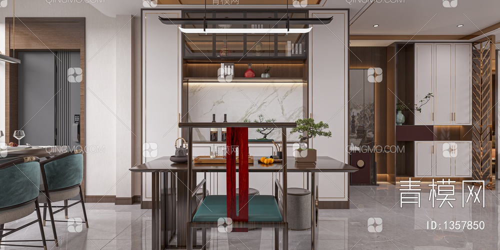 客餐厅 沙发茶几组合 餐桌椅 挂画 吊灯  装饰品 酒柜3D模型下载【ID:1357850】
