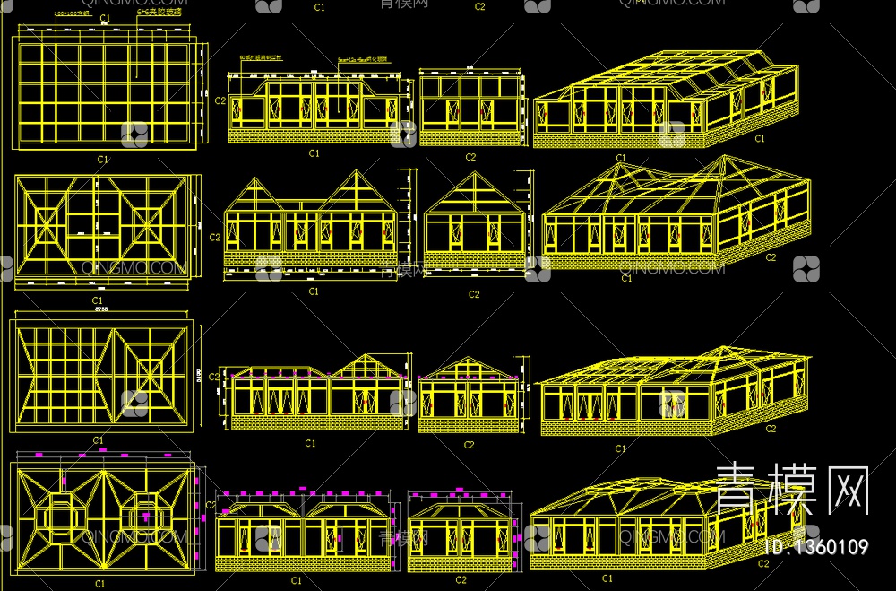 钢化玻璃阳光房cad施工图【ID:1360109】