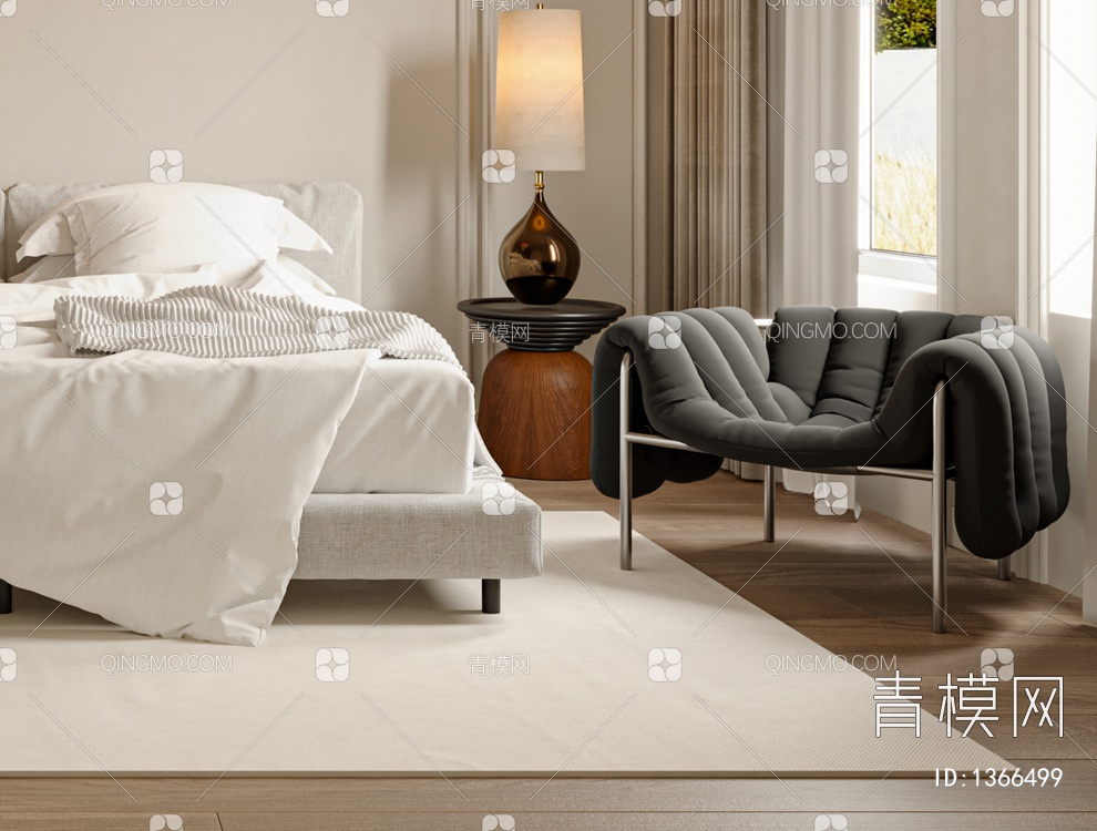 卧室 床 床头柜 饰品 窗帘 地毯 床头背景 衣柜3D模型下载【ID:1366499】