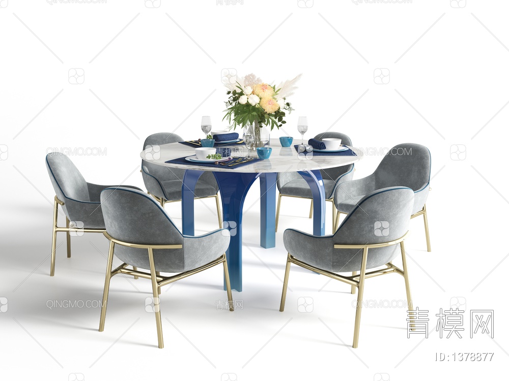 圆形蓝色餐桌椅3D模型下载【ID:1378877】
