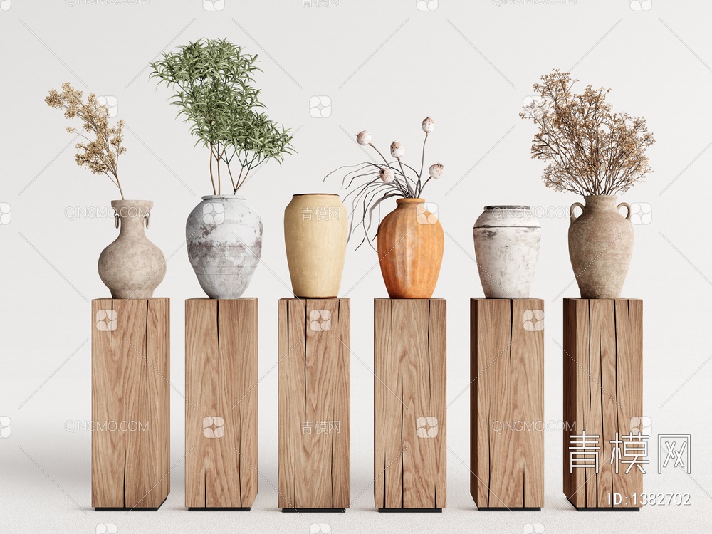 陶罐摆件 花瓶摆件 木头柱子3D模型下载【ID:1382702】