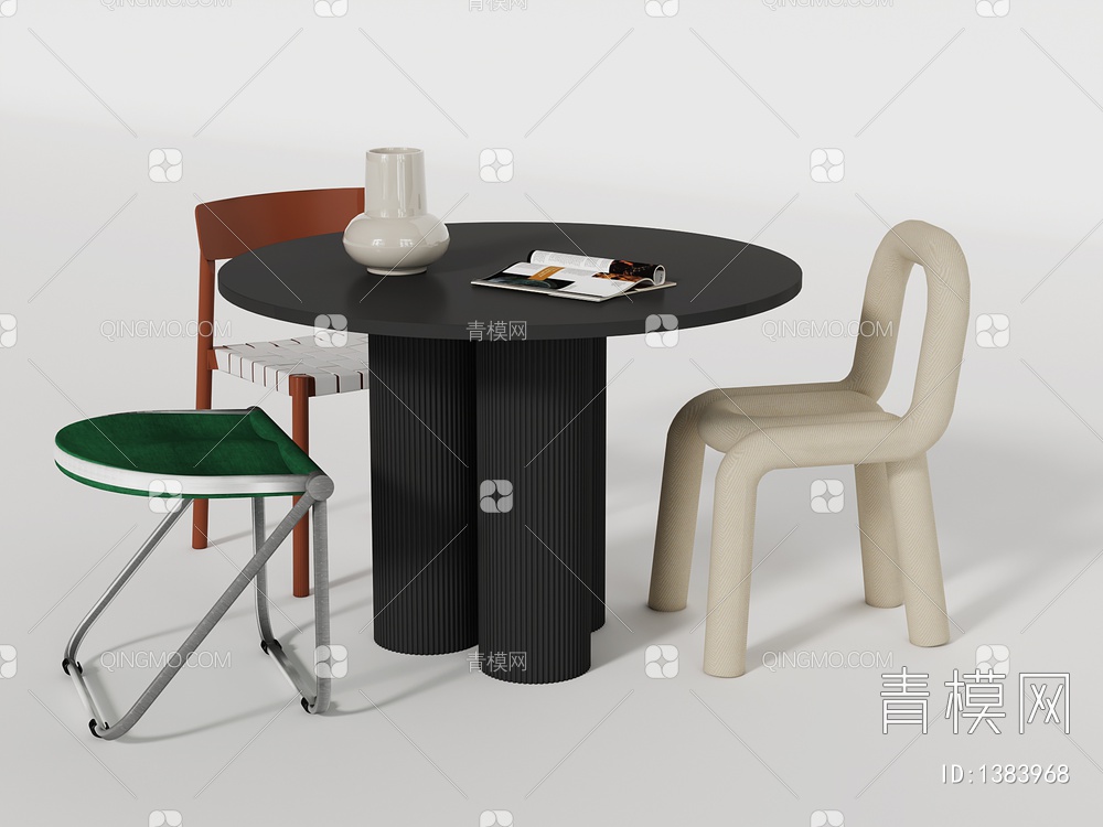 圆桌餐桌椅,餐桌,折叠椅3D模型下载【ID:1383968】